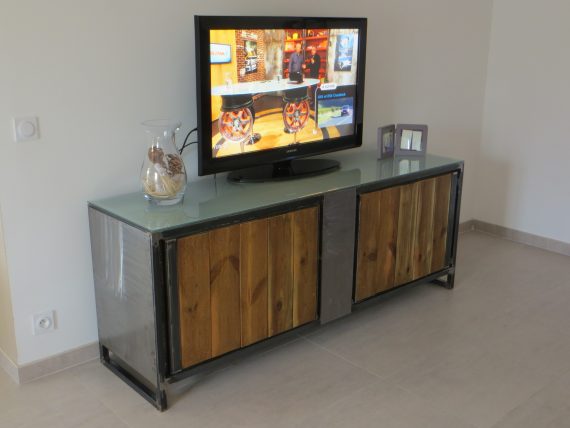 Meuble TV en fer, bois et verre